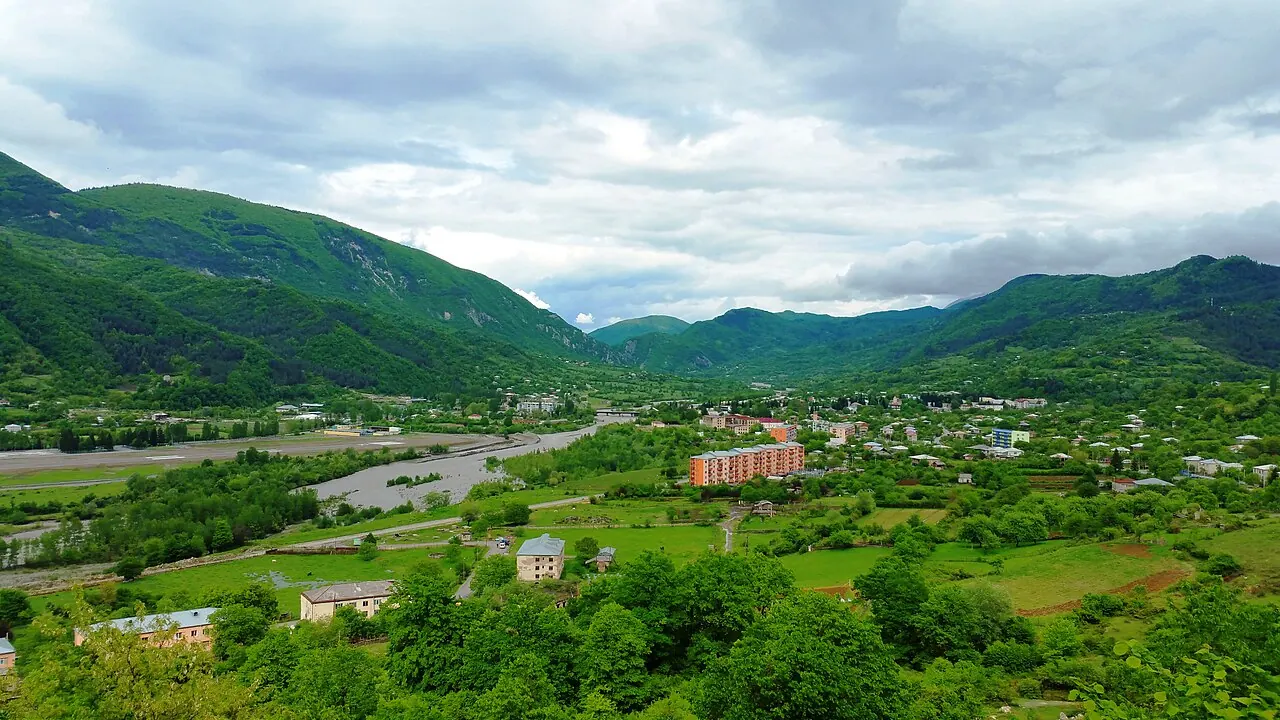 Ambrolauri and the Rioni River among green Racha hills