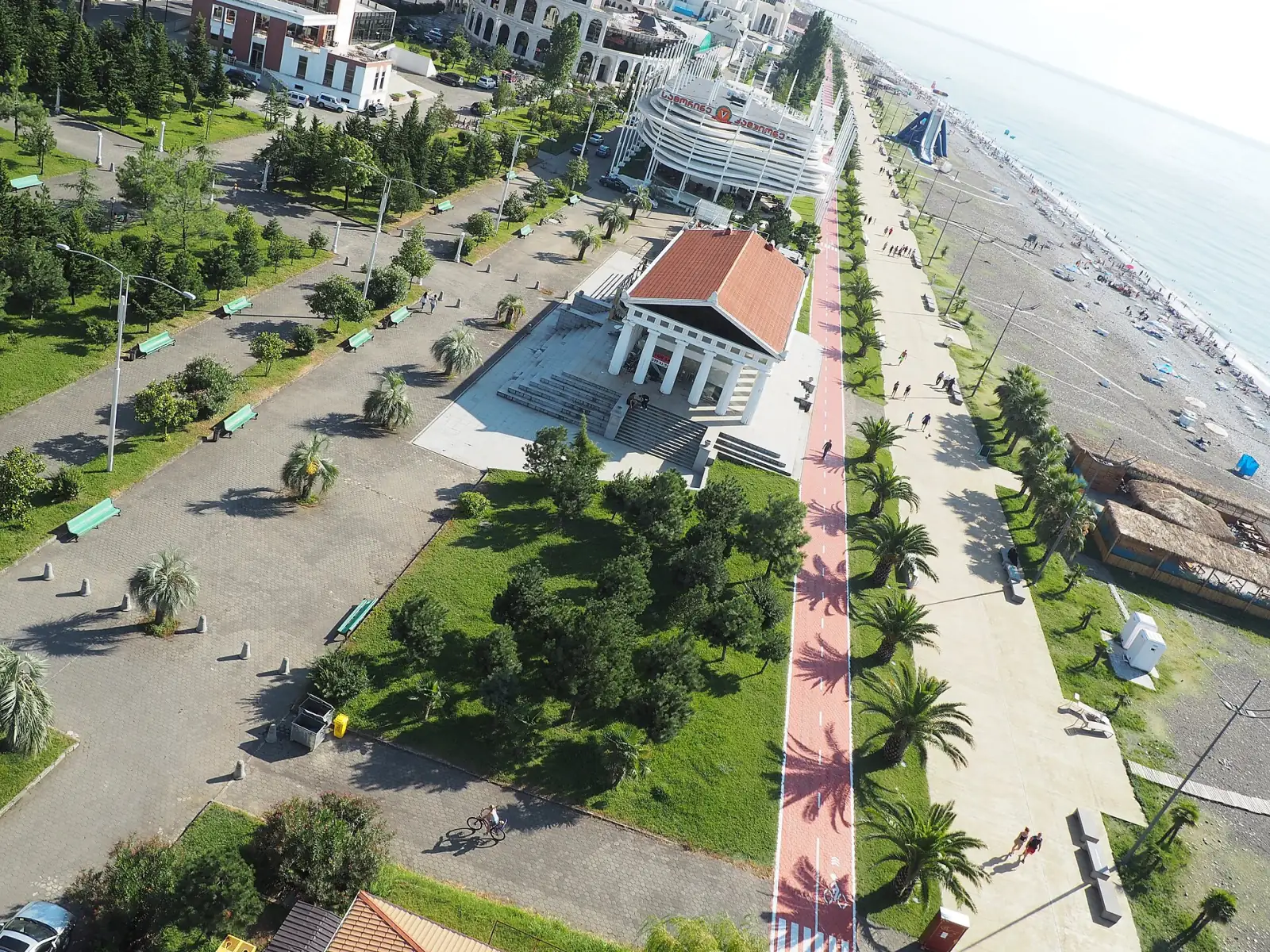 Palm-lined promenade and beach seen from above in Batumi