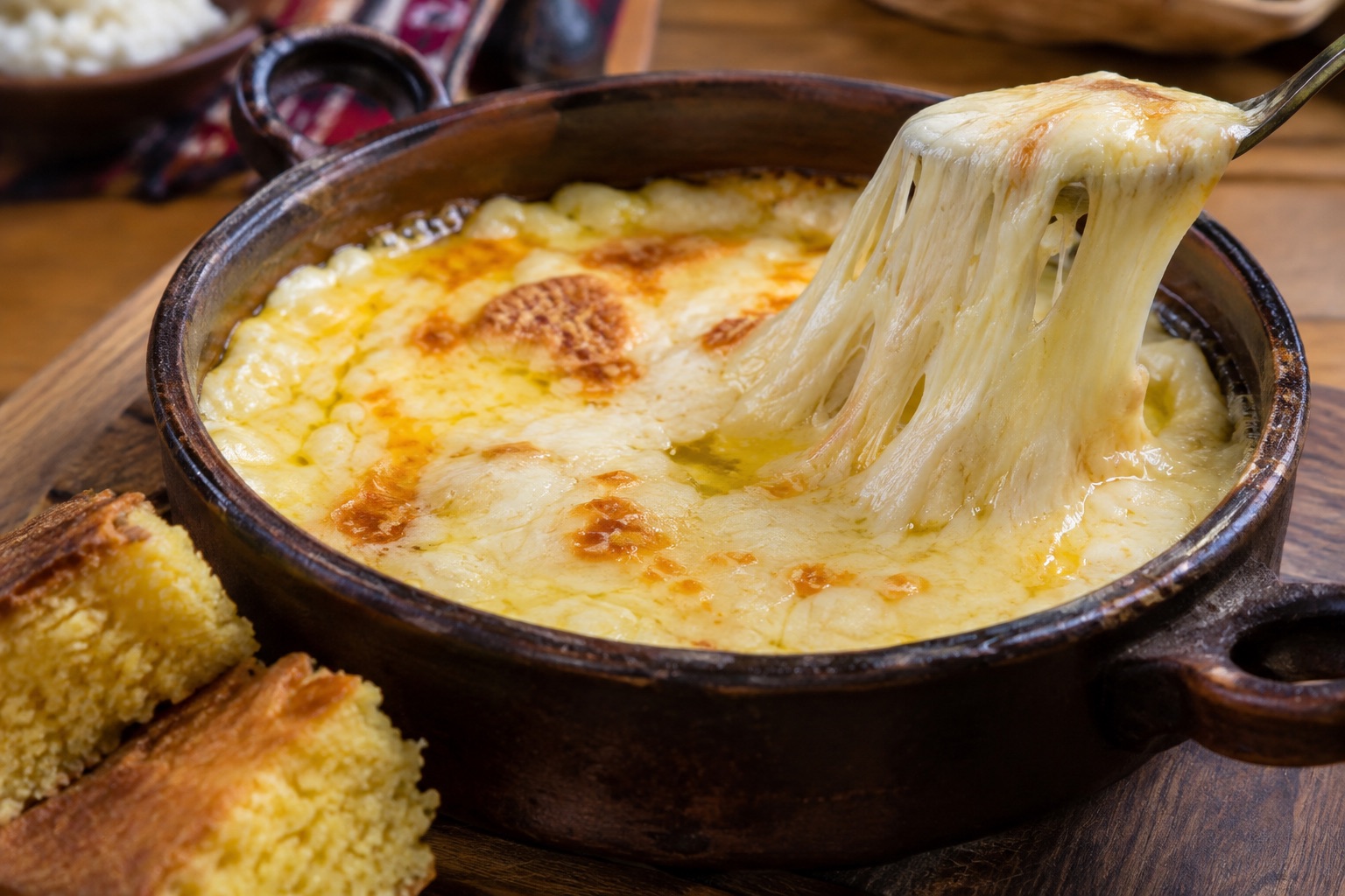Illustrative rendering of melted cheese and browned butter in a rustic dish