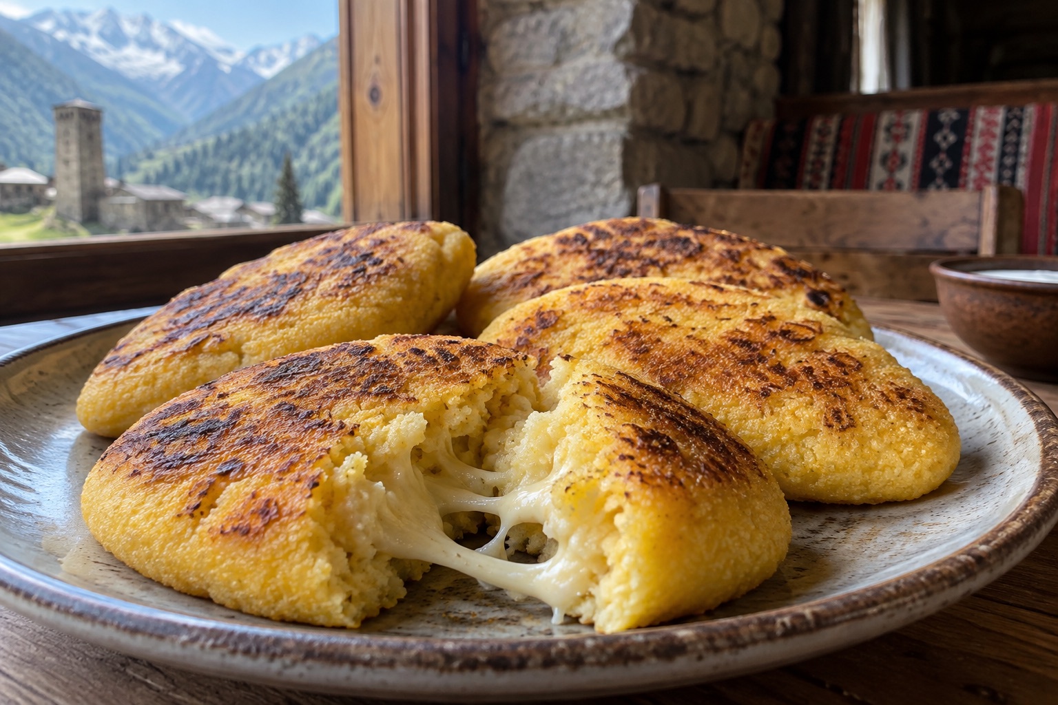 Illustrative rendering of cheese-filled Svan cornbread