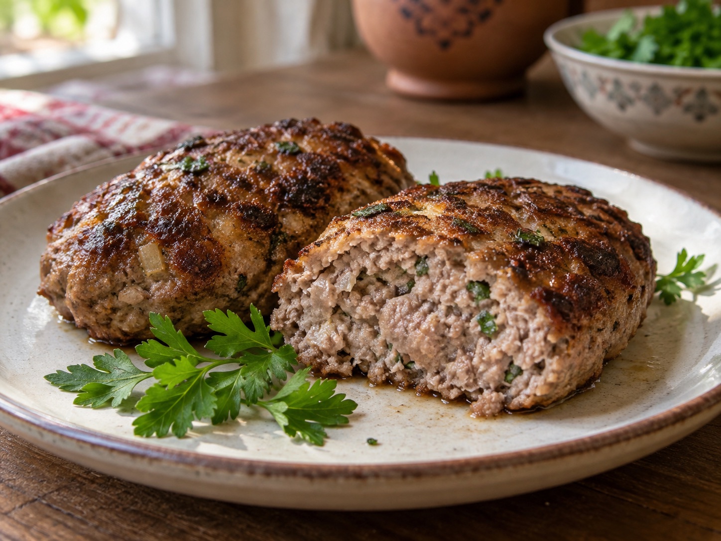 Illustrative rendering of browned meat cutlets, one sliced open