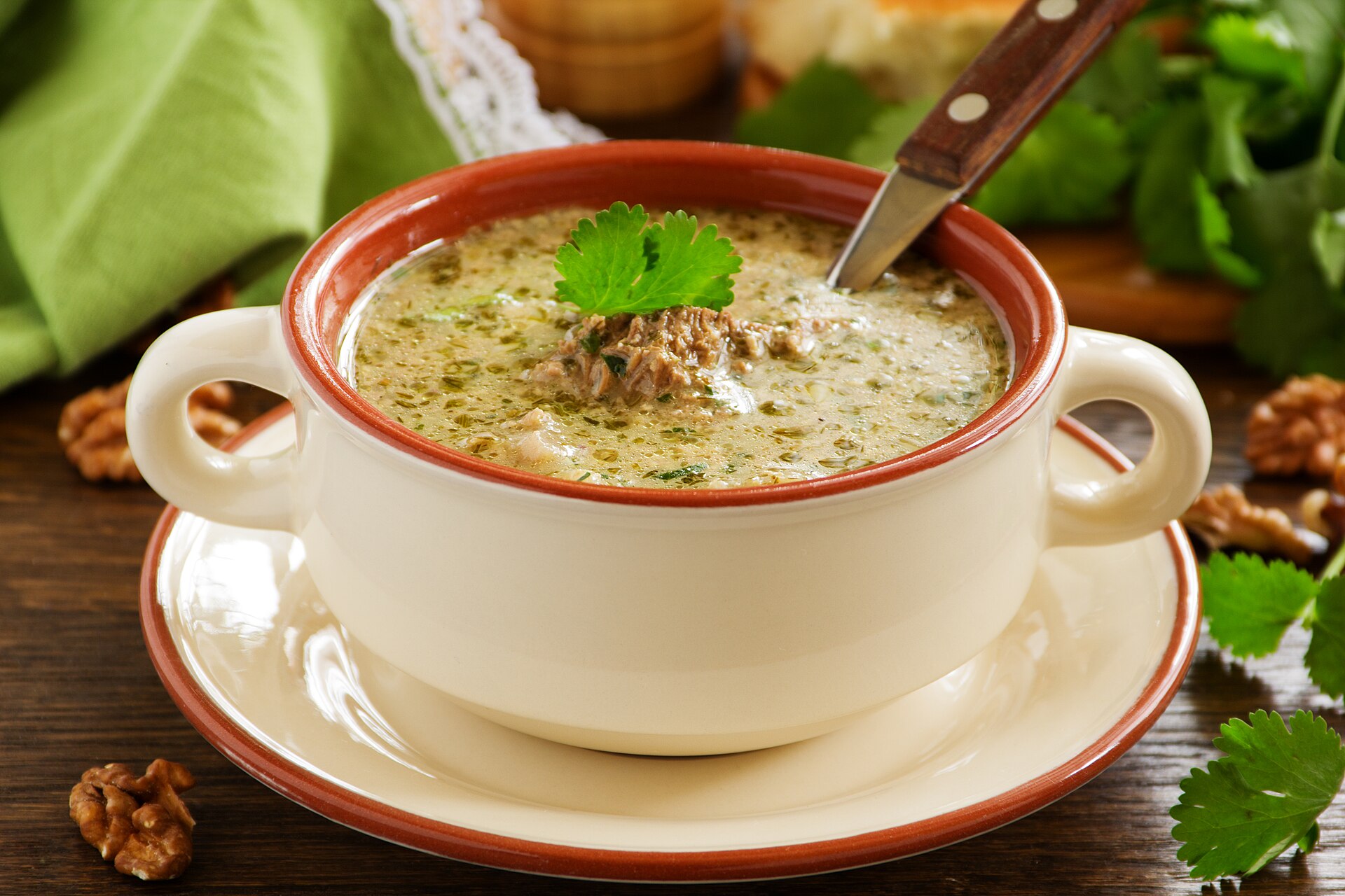 Georgian beef-and-walnut soup in a handled bowl with fresh herbs
