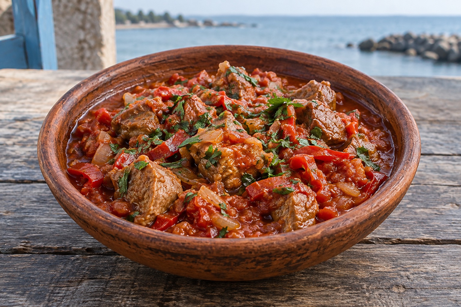Illustrative rendering of veal and tomato chashushuli in a clay bowl