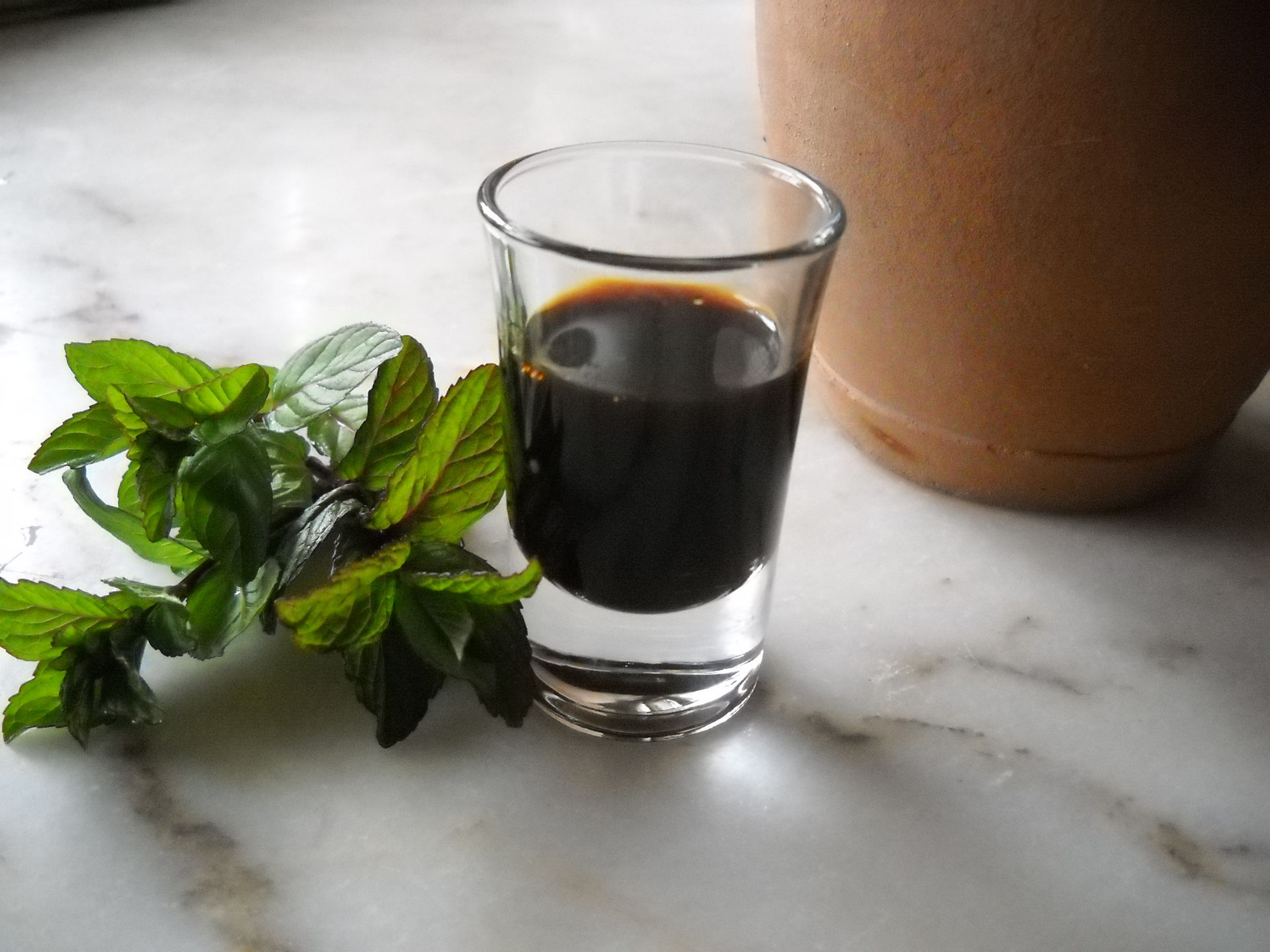 A small glass of dark reduced fruit syrup beside fresh mint