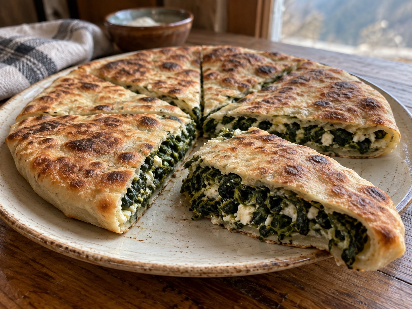 Illustrative rendering of round bread slices filled with greens and cheese