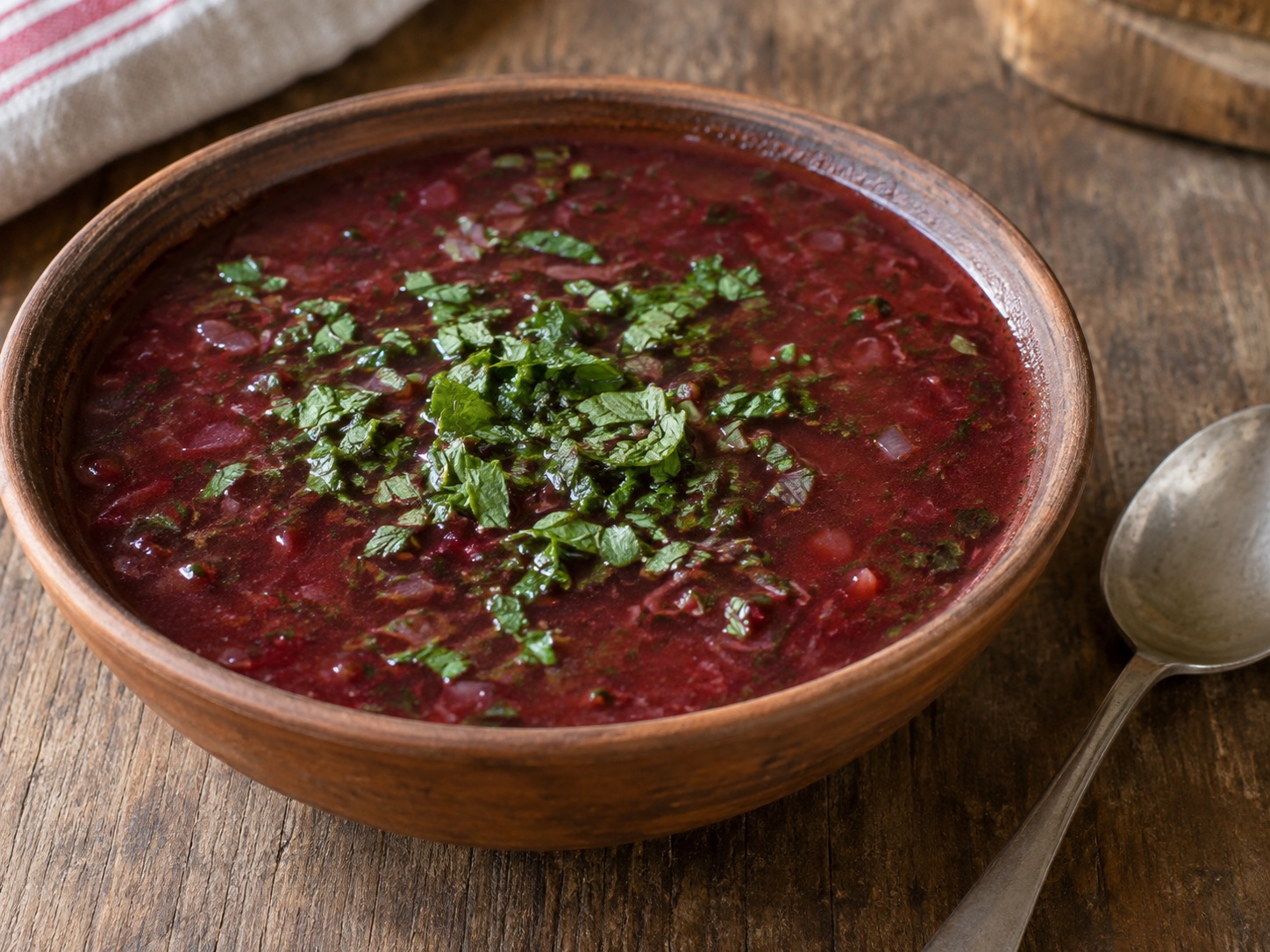 Illustrative rendering of red cornel-berry soup with herbs