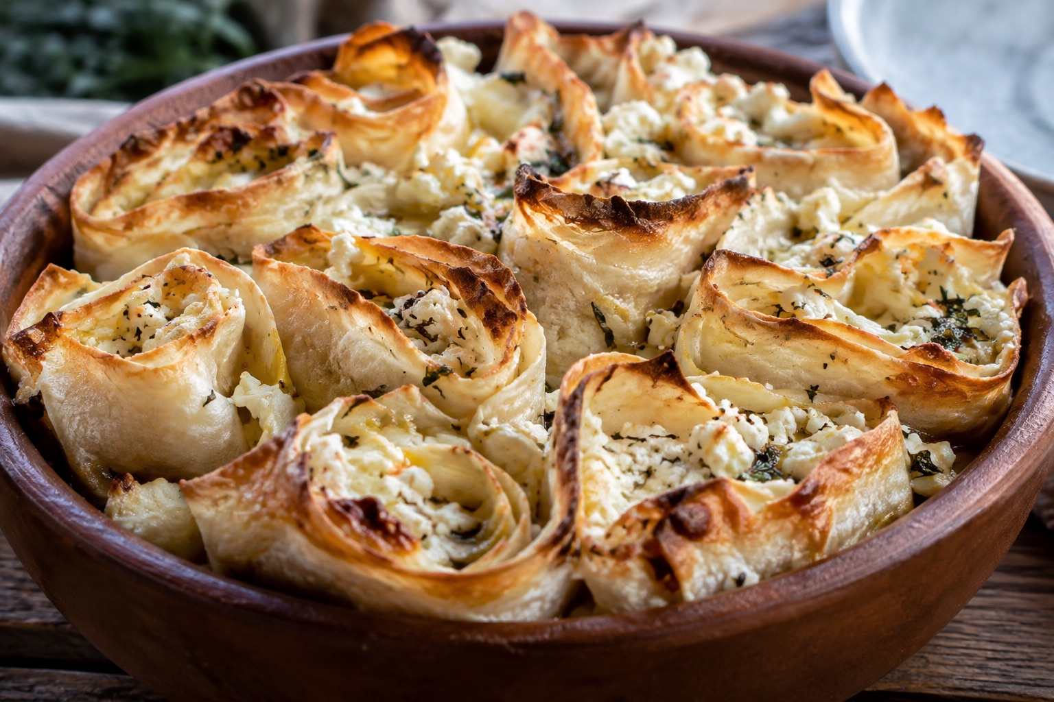 Illustrative rendering of rolled flatbread with cheese curds and butter