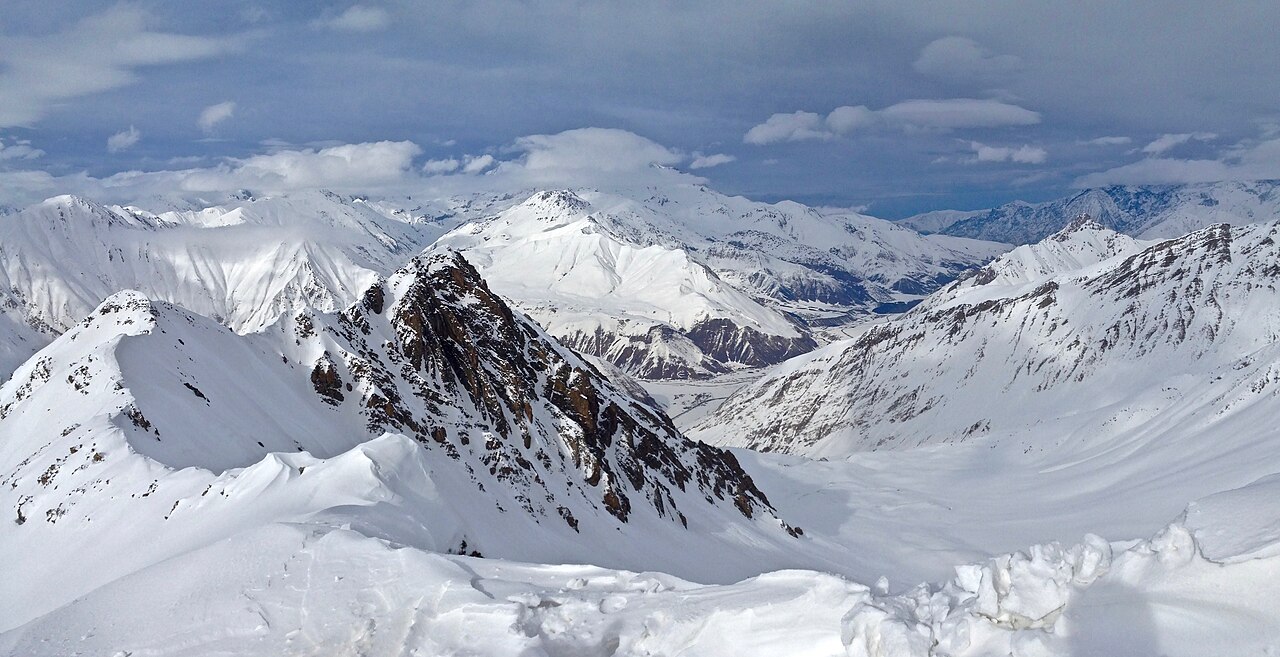 Snow-covered Caucasus ridges beneath a clear sky at Gudauri