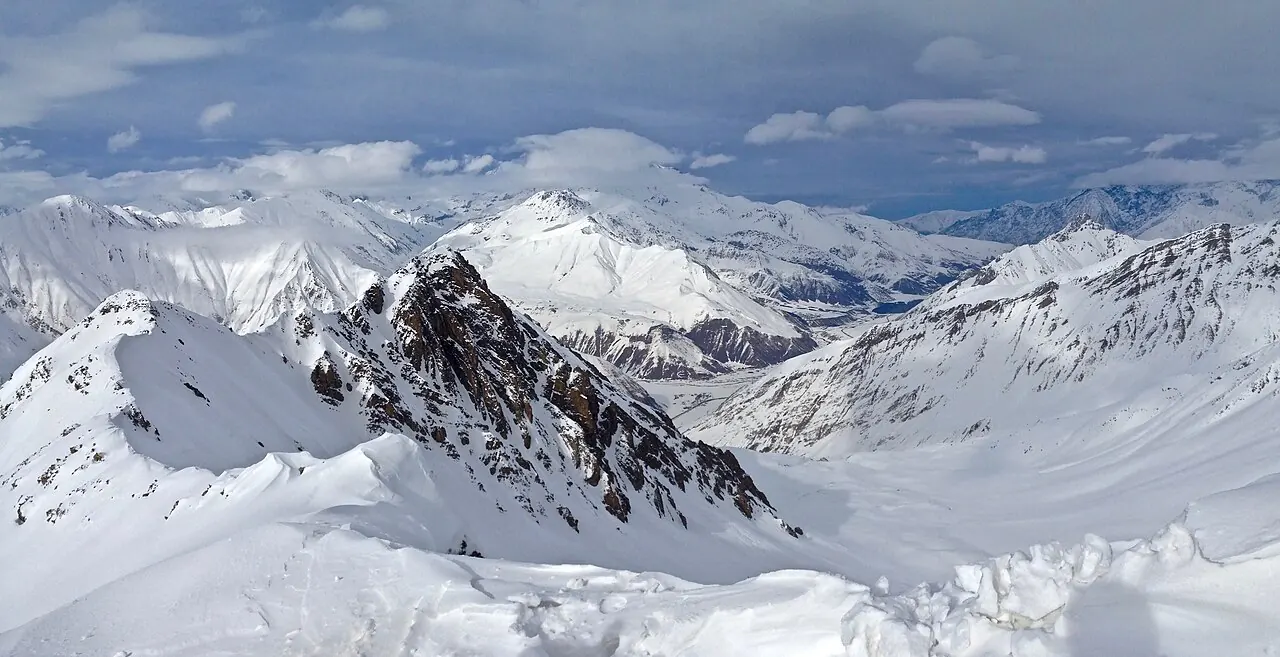 Snow-covered Caucasus ridges beneath a clear sky at Gudauri
