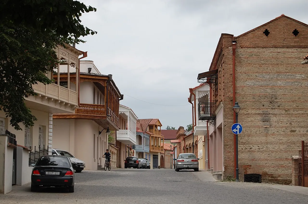 Old street and wooden balconies in central Telavi