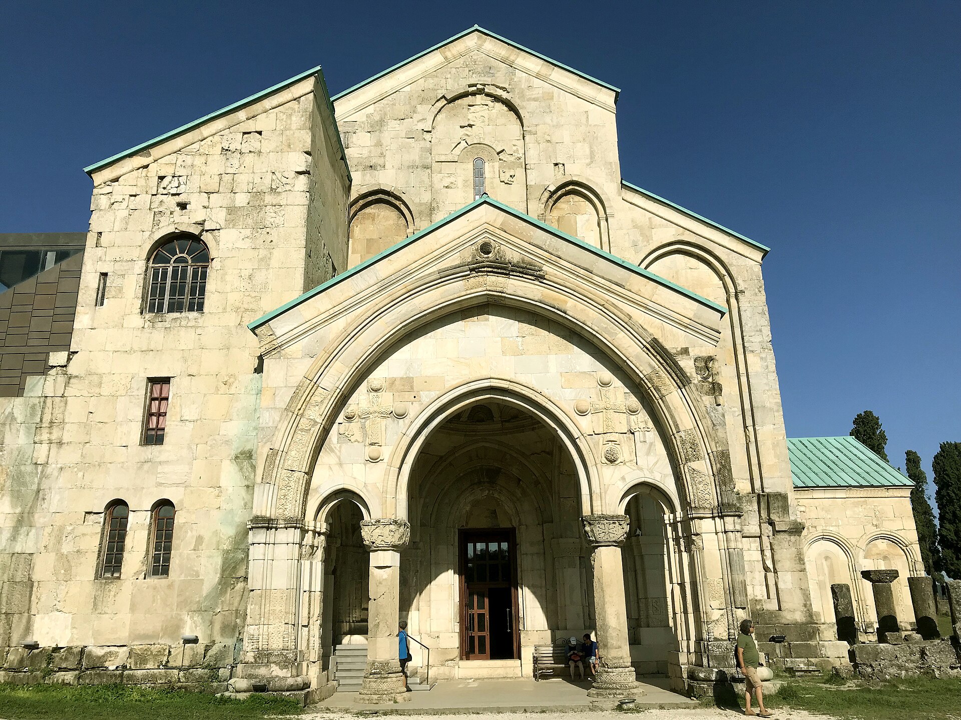 Reconstructed stone facade and entrance of Bagrati Cathedral in Kutaisi