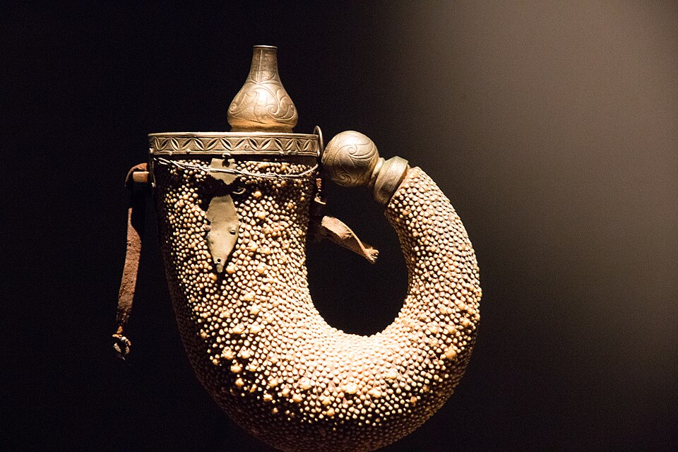 Decorated historic vessel displayed in the Svaneti Museum in Mestia