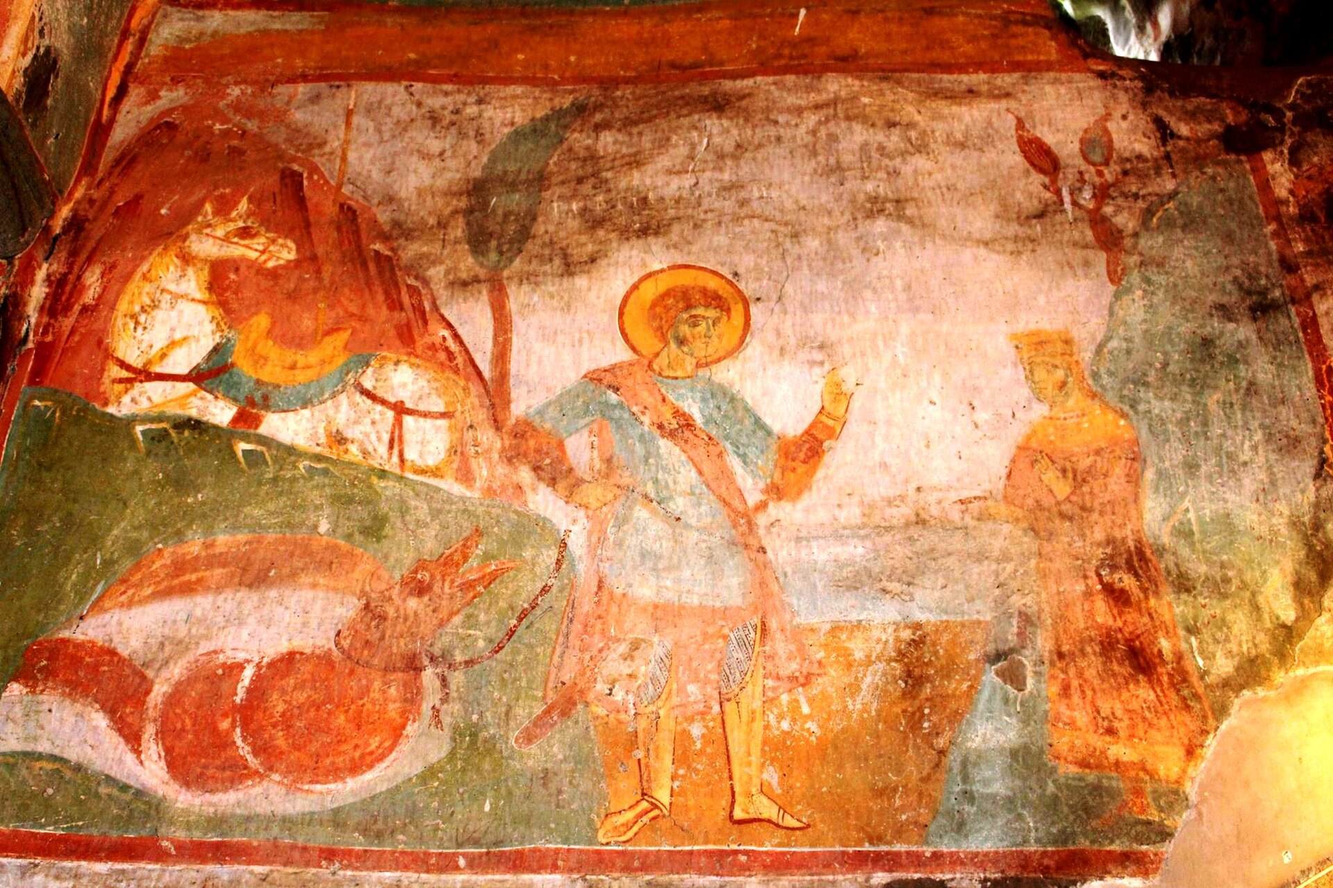 St. George and a defeated dragon. A fresco from Achi, Georgia