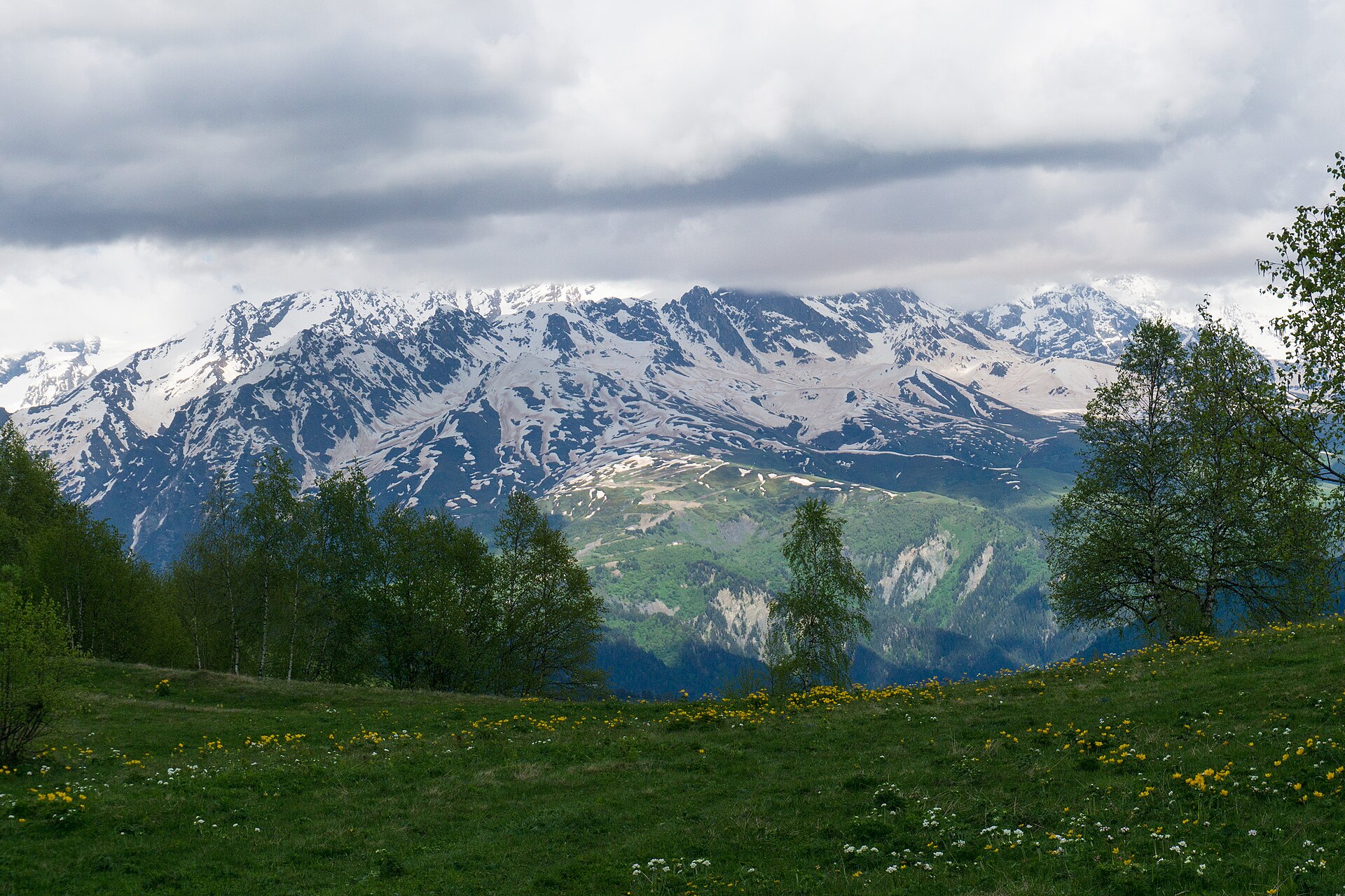 Caucasus mountain ridges viewed from Mount Zuruldi above Mestia